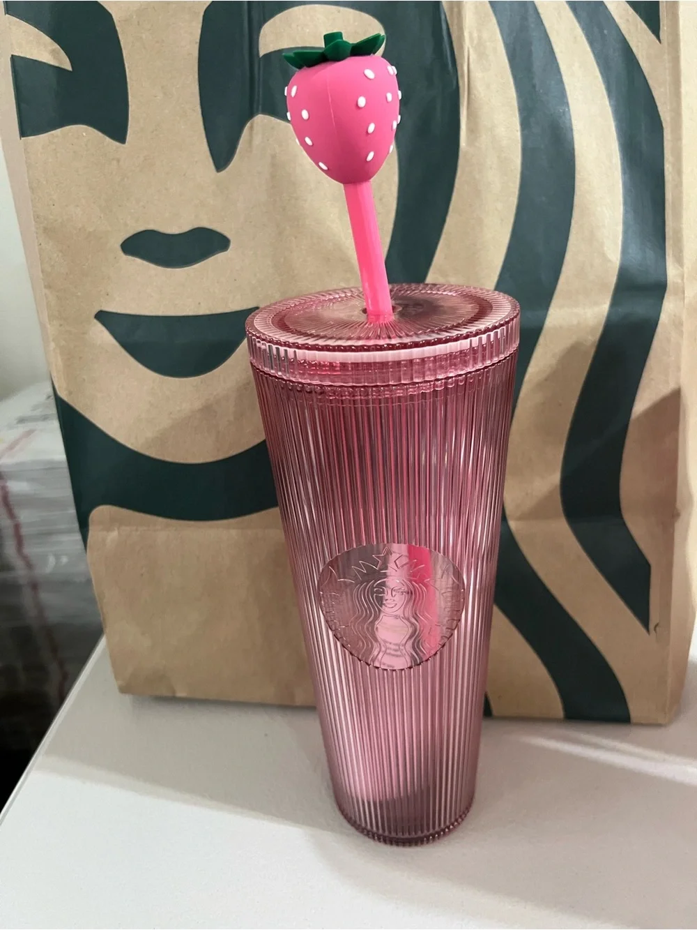 Starbucks Pink Ribbed Tumbler with Strawberry Top Straw